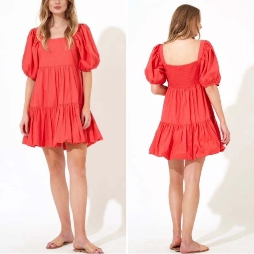 New M Oliphant Coral Bubble Puff Sleeve Mini Dress Tuckernuck smoke pet free